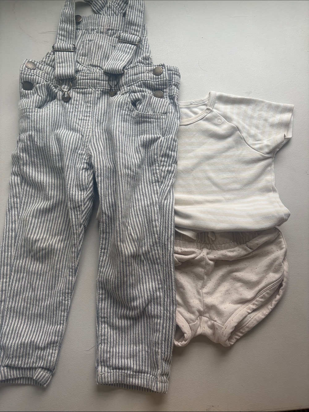 Jamie Kay Neutral Stripe Suspenders with Cream Tee and Blush Bloomers